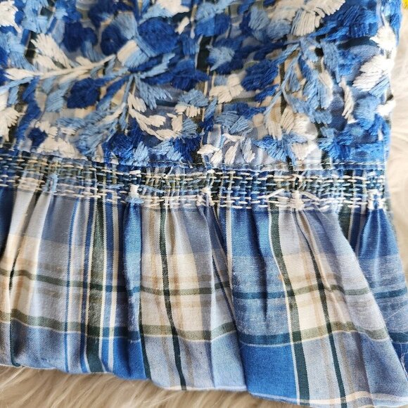 MI GOLONDRINA Soledad Blouse Women's Small Floral Ruffle‎ Top Lago Blue Plaid - Picture 11 of 12